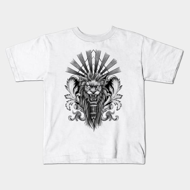 Lion Singing into Microphone with Baroque Leaves and Sunrays Kids T-Shirt by Tred85